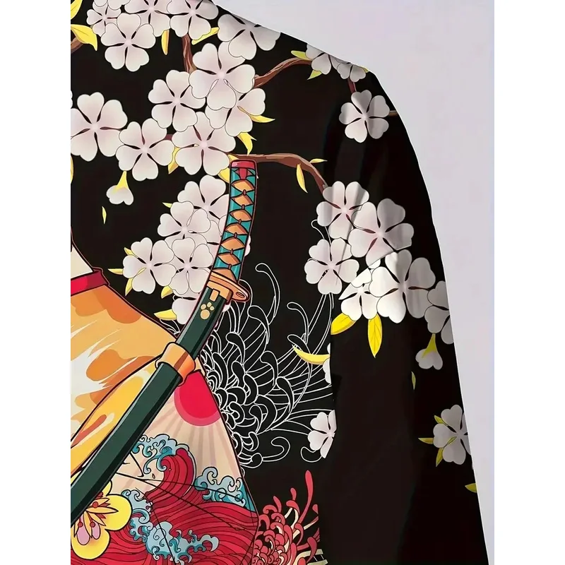 WU01 Flower Cat 3D Graphic Print Men's Spring Summer Shirt, Japanese Kimono, Retro Men's Casual Cardigan Top, Creative GiftJk5*！