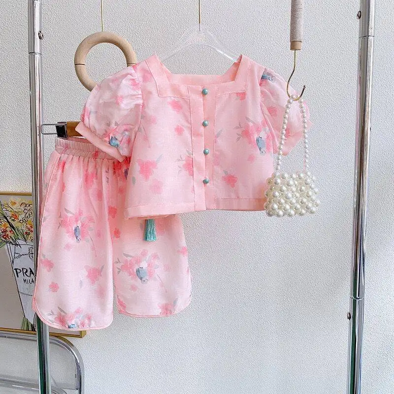 

Girls' Summer Outfit Set New Chinese Style Short Sleeve Floral Top for Baby Girls+Two-piece Pants Set Wholesale
