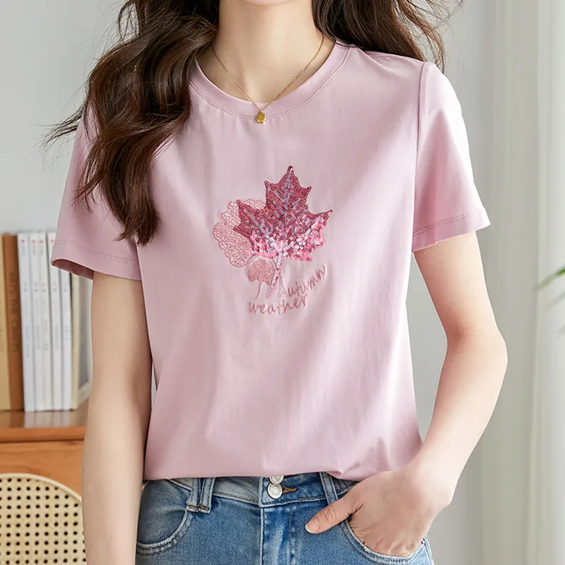 2023 Summer Korean Fashion Sequin Cotton T Shirt Women Casual Short Sleeve Tshirts Female Pink Tops O Neck Tees Ropa De Mujer