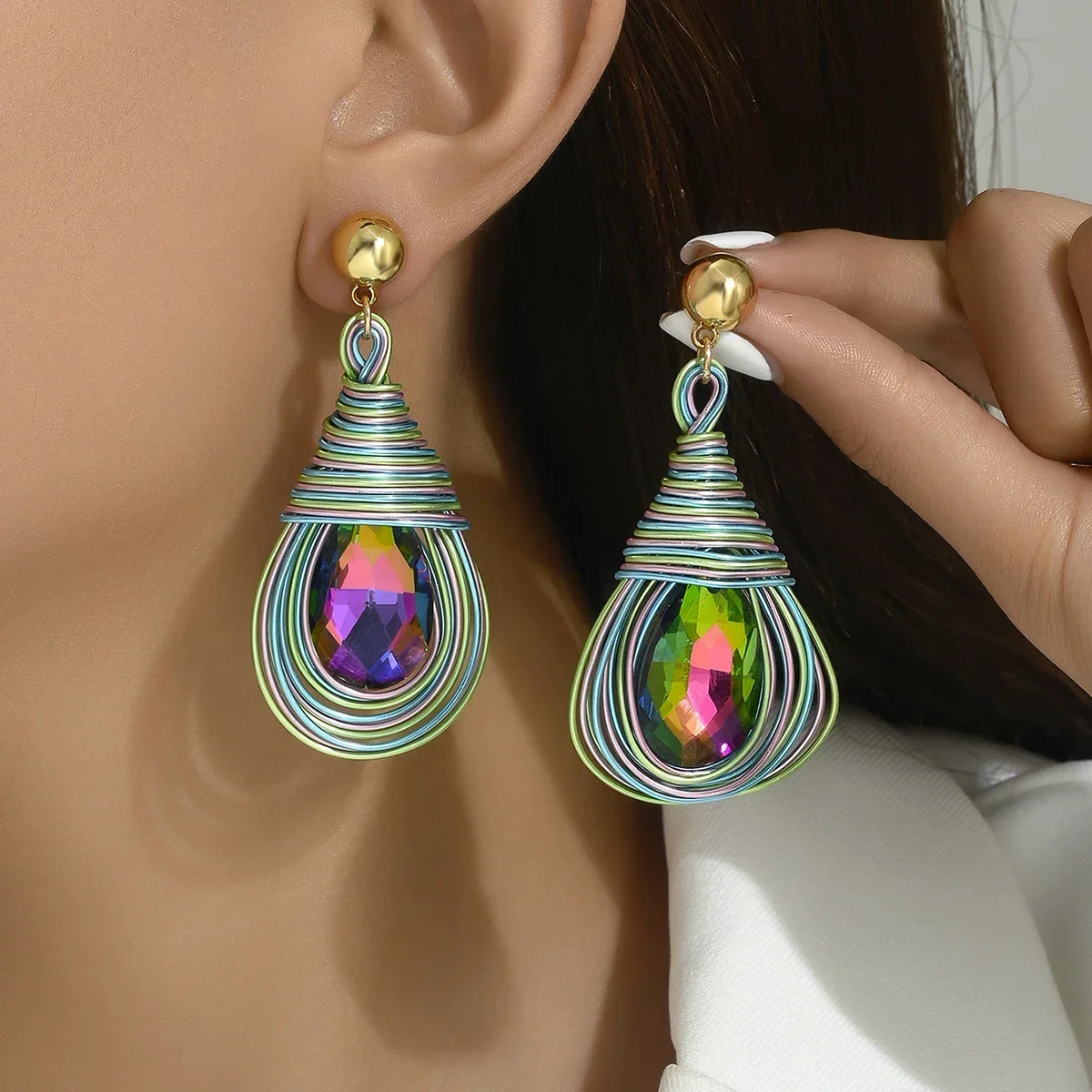 Mysterious Colorful Water Drop Shaped Earrings for Women Geometric Stripe Line Earrings