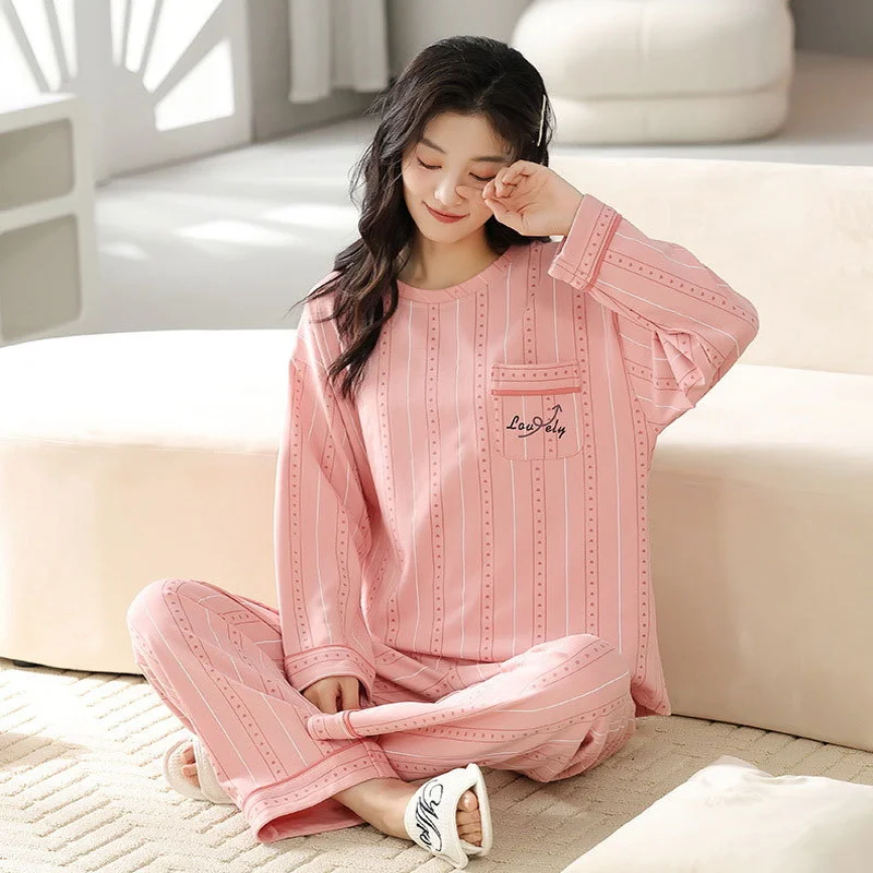New Women\'s Pajamas Homewear Set of Spring and Autumn Homewear Women Round Neck Long-Sleeved Long Pants Sweet Homewear Set