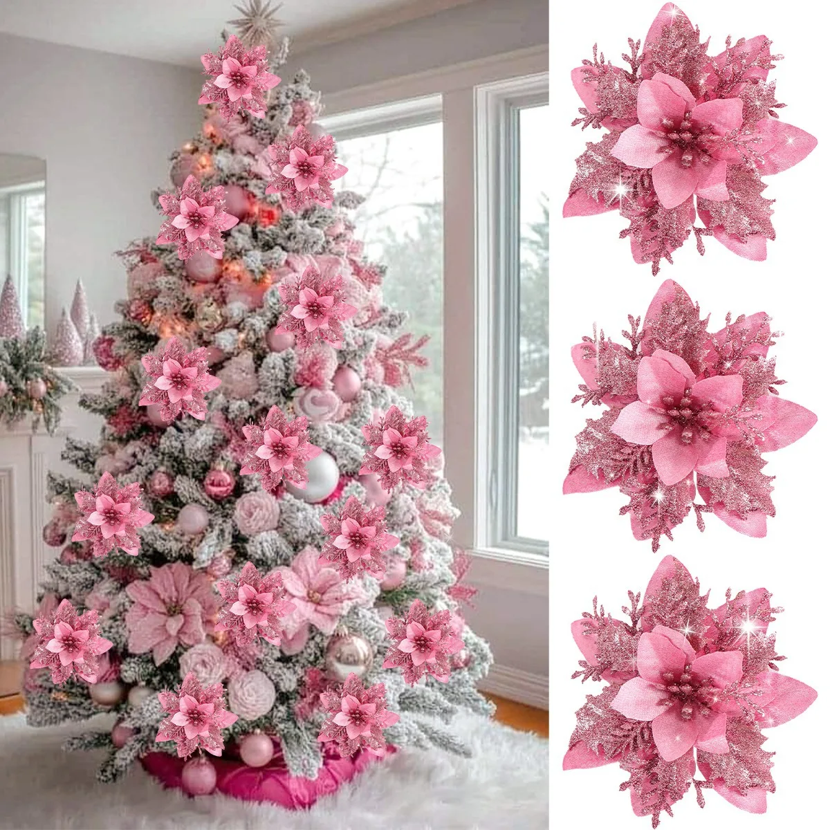 5/10 Stück rosa Weihnachtsglitter künstliche Blumen Weihnachtsbaumschmuck für Zuhause 2025, Weihnachtsschmuck, Neujahrsdekoration, Navidad