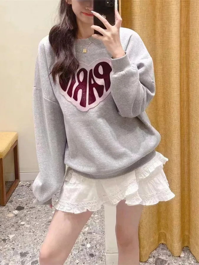 

Sweatshirt for Women 2024 New Autumn Winter 100% Cotton Letter Embroidery O-neck Loose Casual Long Sleeve Pullover