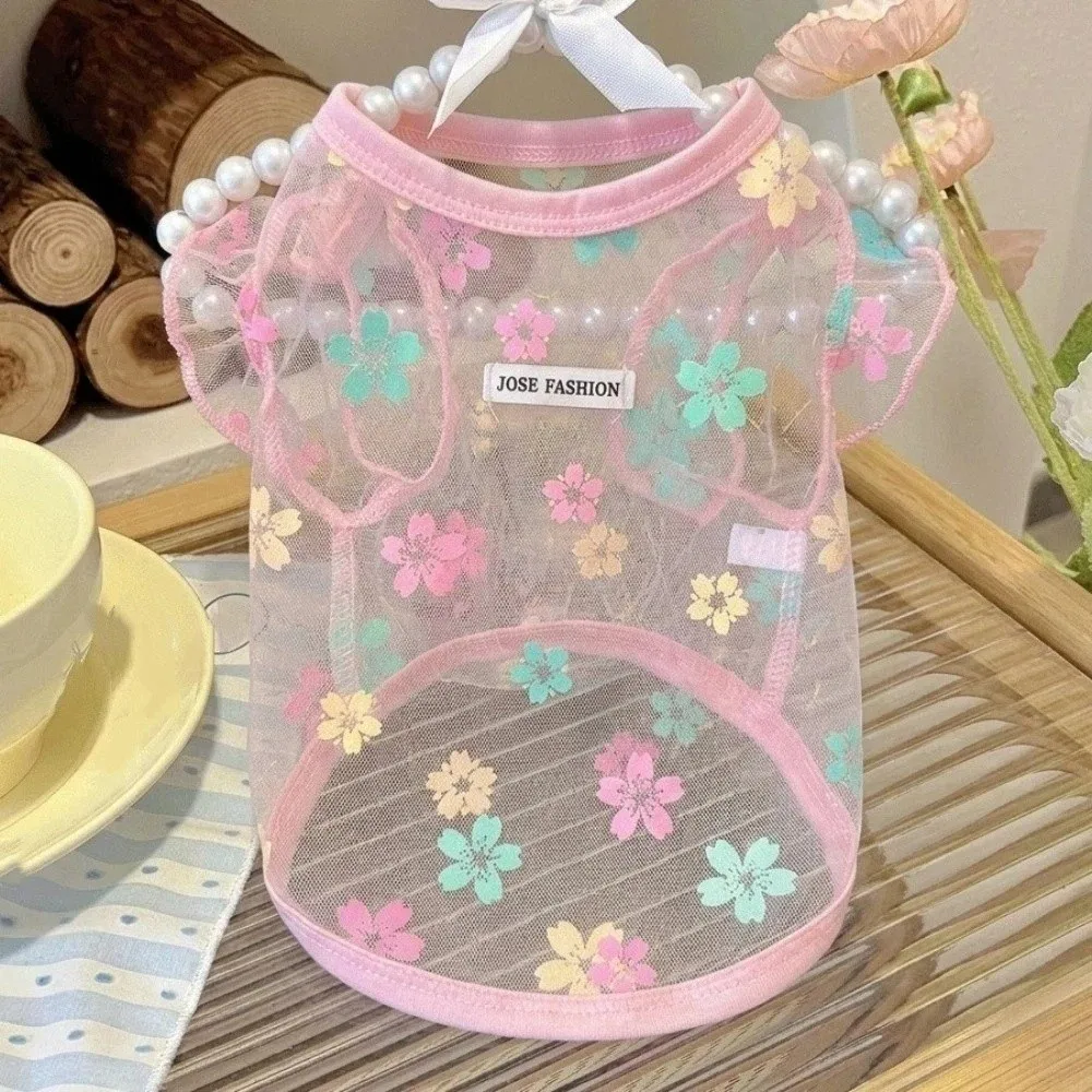

Thin Breathable Cooling Dog Vest Flying Sleeves Sunproof Cat Mesh T Shirt Lightweight Floral Print Cat Summer Clothes Cat