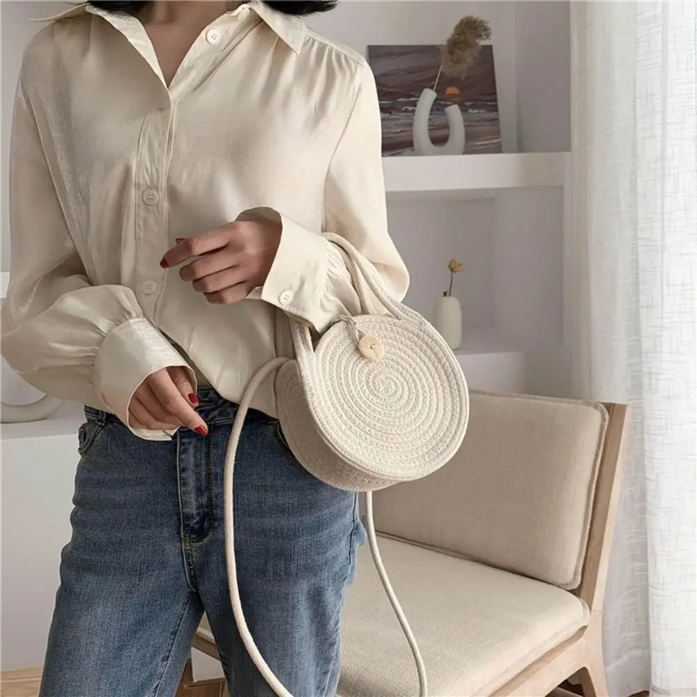 

Sweet Weave Straw Crossbody Bag With Button Casual Woven Bucket Bag French Style Portable Hand-woven Shoulder Bags Picnic