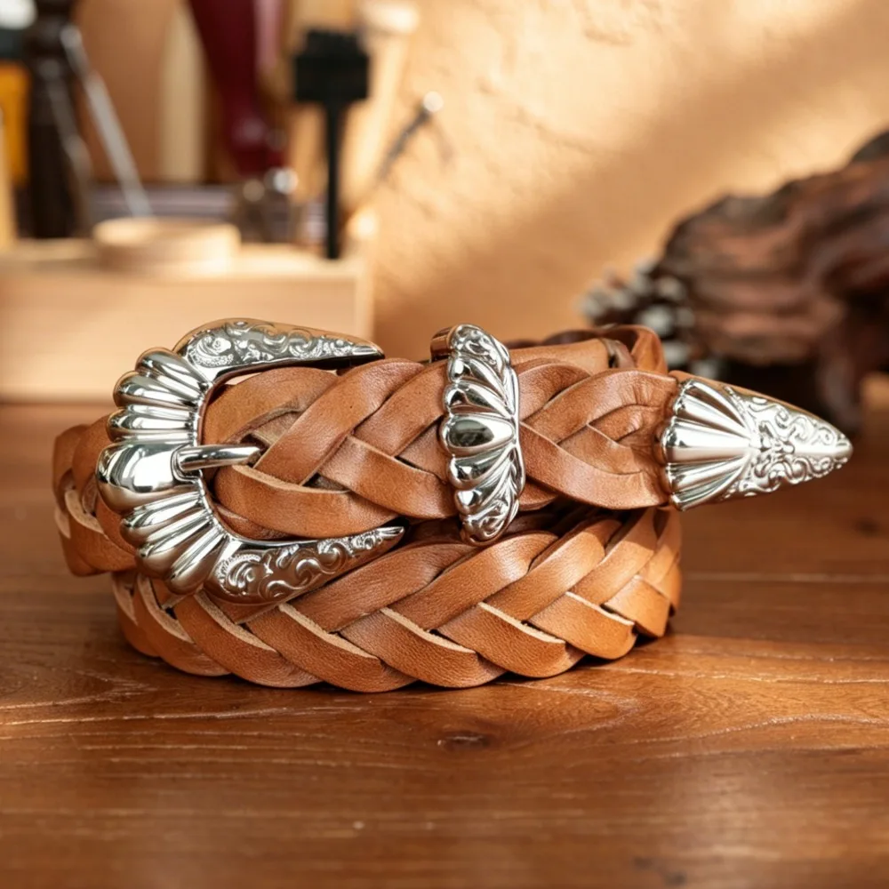 

New 2.3cm Women Hand Woven Leather Belt Fashion Carved Pin Buckle Waist Belt For Dress Coat Decoration