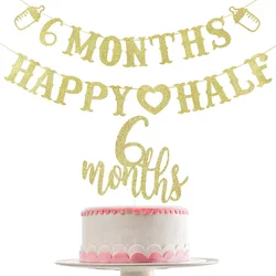 6 month Banner Happy Half Banner Gold glitter and 6 month Golden cake decoration, suitable for half birthday party decoration