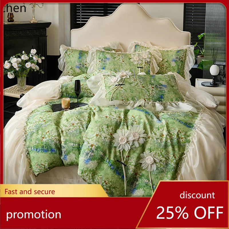 HXL Oil Painting Style Pure Cotton Four-Piece Set, All-Cotton Washed Cotton Bedding