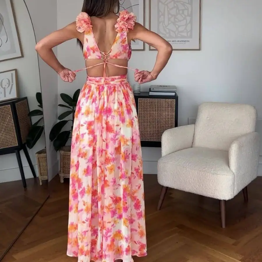 2025 Sexy Printing Deep V Neck Pleated Dress for Women Fashion Casua Lace-up Party Gowns Holiday Beach Backless Long Dresses New