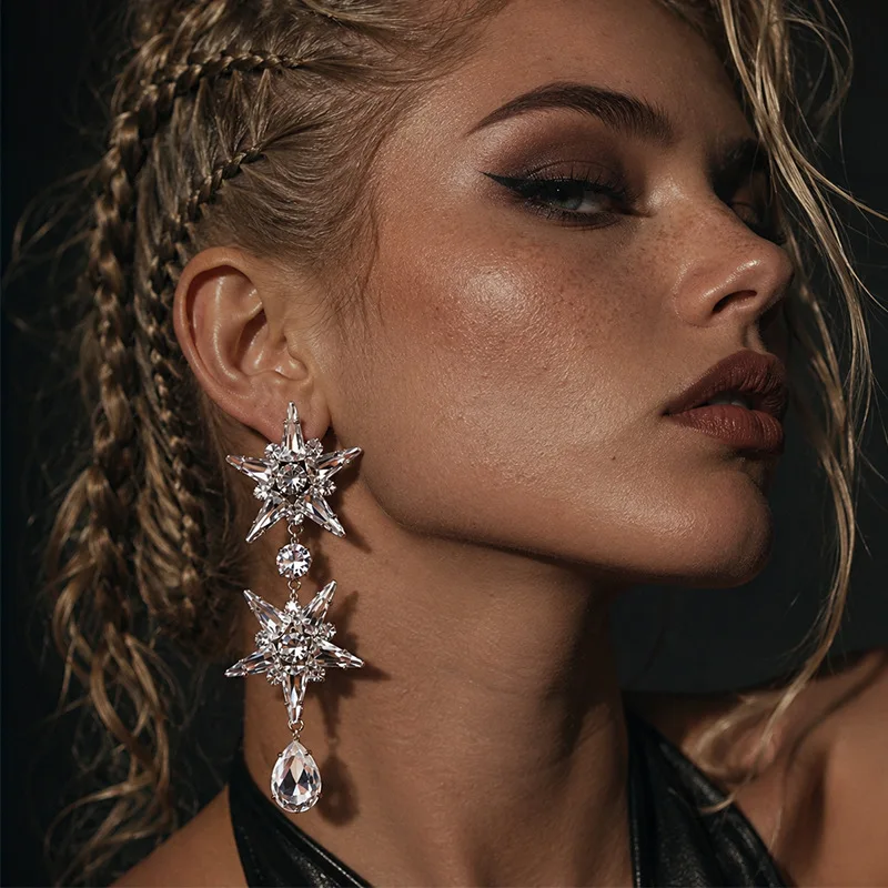 Light Luxury Star Shape Earrings Sparkling Zircon Retro Pendant Stud Earrings Women Fashion Element New Year Party Jewelry Gifts