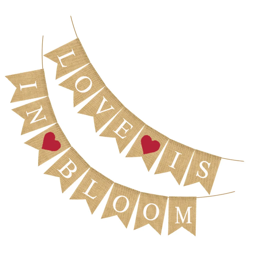 LOVE IS IN BLOOM Letter Printing Flag Party Decorative Props Burlap Banner Swallowtail Garland Red Heart Design Bunting Linen We