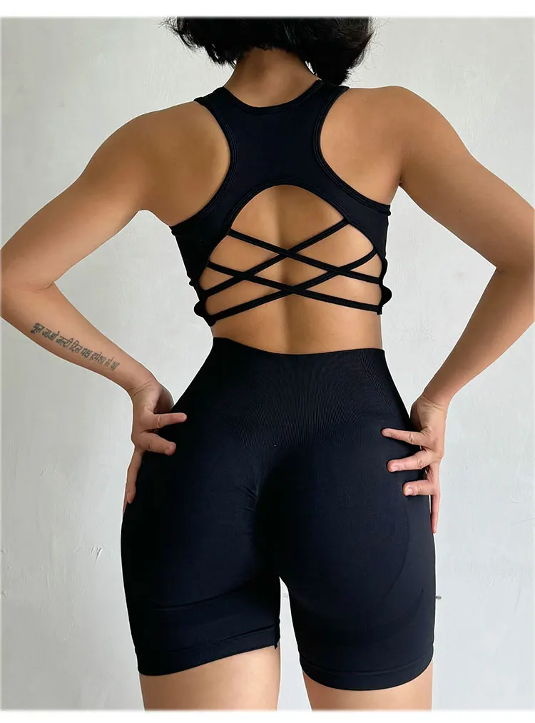 Pfirsichfarbenes Damen-Set mit High-Waist-Shorts und BH, Po-Lifting-Fitness-Set, geraffter Rücken, Yoga-Anzug, eng anliegend für Lauf- und Trainingsübungen – Detail 7