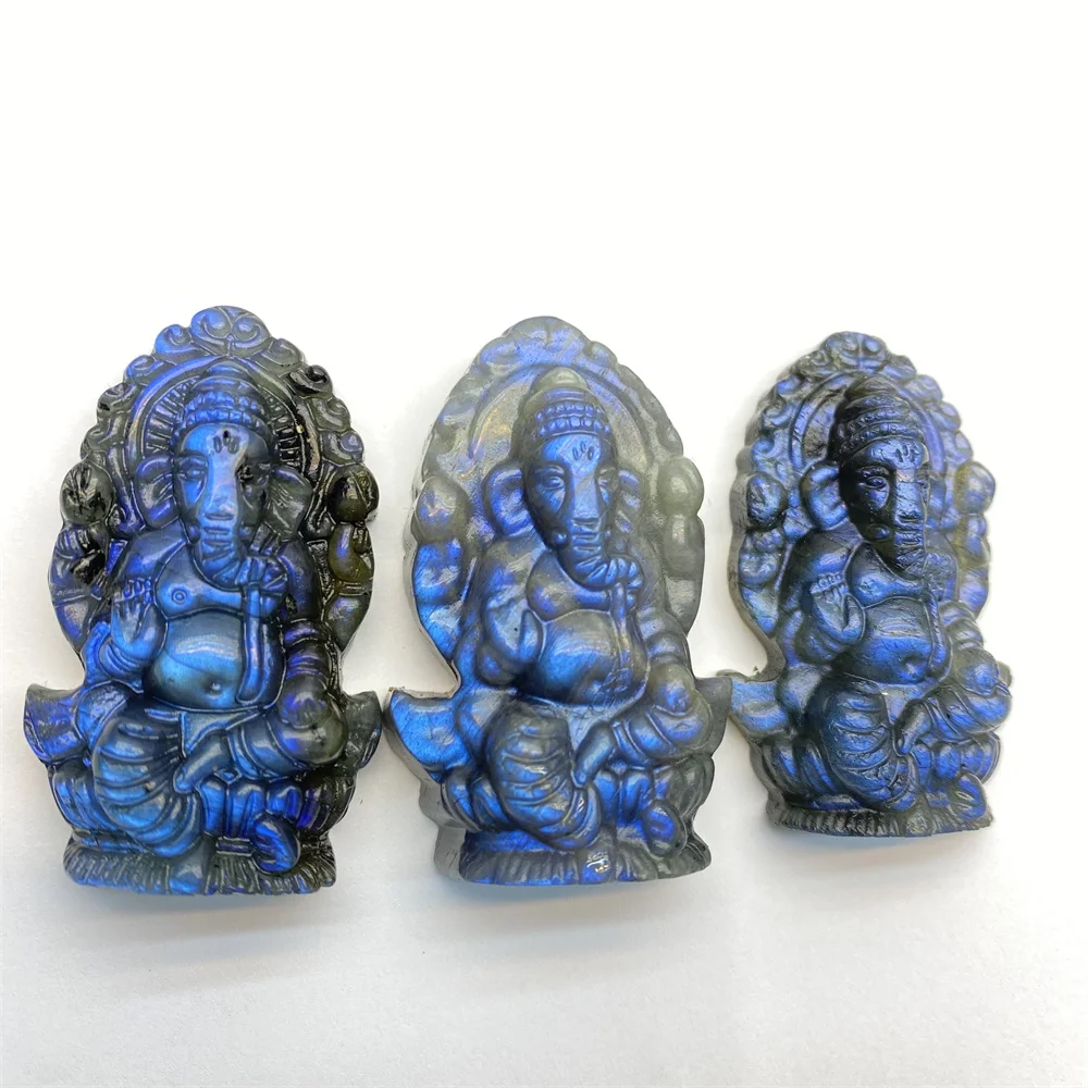 Natural Crystal Labradorite Hand-carved Lord Ganesha Statue Buddha Elephant hindu God Sculpture Figurines For Gift DIY Jewelry