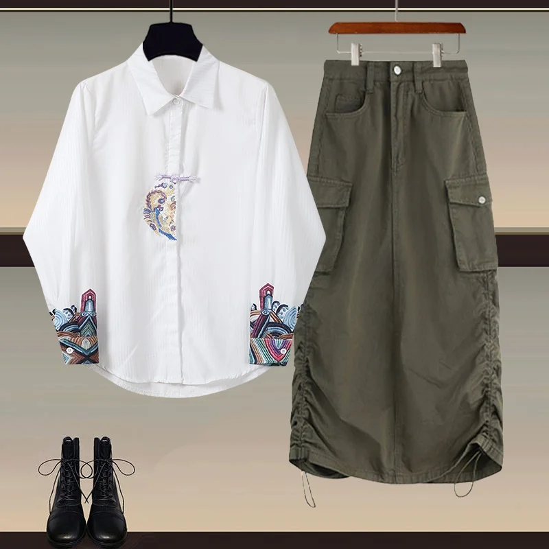 

Spring New Style Women's Hanfu Clothing Set High Waist Workwear Skirt Two-Piece Set Long Sleeve Collar Other 100% Material