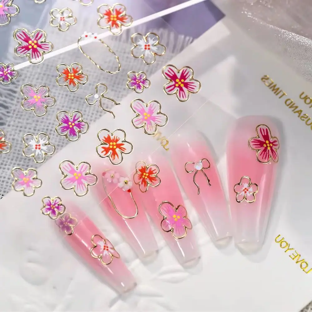 1pc 5D Pink Red Floral Petals Bowknot Nail Decals Gold Line Frame Hibiscus Flower Nail Stickers Spring Summer Y2K Nail Supplies*