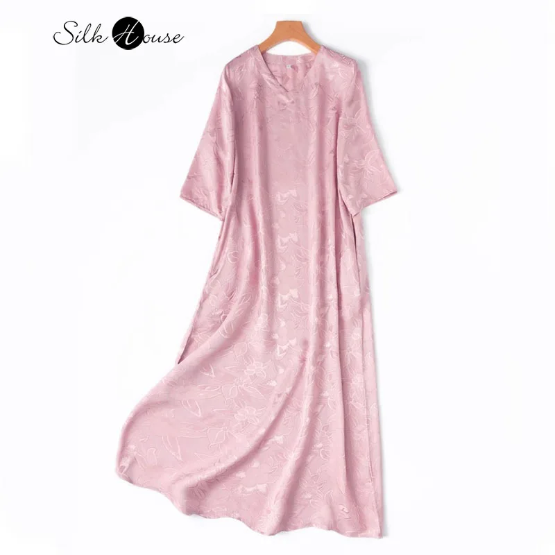 

Breathable Soft 100% Natural Mulberry Silk Jacquard HuaLuo V-neck Three-quarters Sleeve Women's Loose Straight Tube Dress
