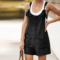 2024 Summer Women Jumpsuit Sleeveless New Solid Color Round Neck Button Loose Short Casual Pocket Stitching Rompers Playsuits