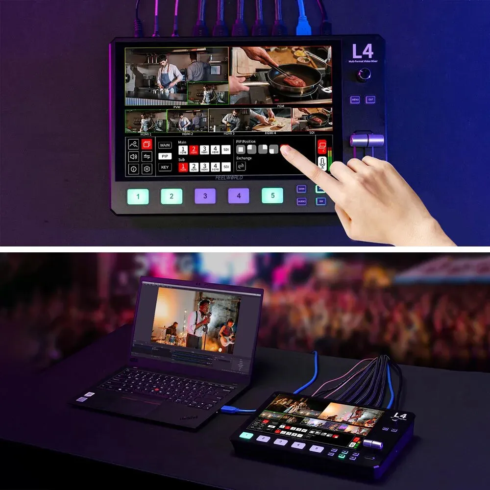 FEELWORLD L4 5ch 10.1" Layar Sentuh Pengalih Mixer Video Multi-kamera dengan HMDI, SDI, Output USB3.0 Streaming Cepat