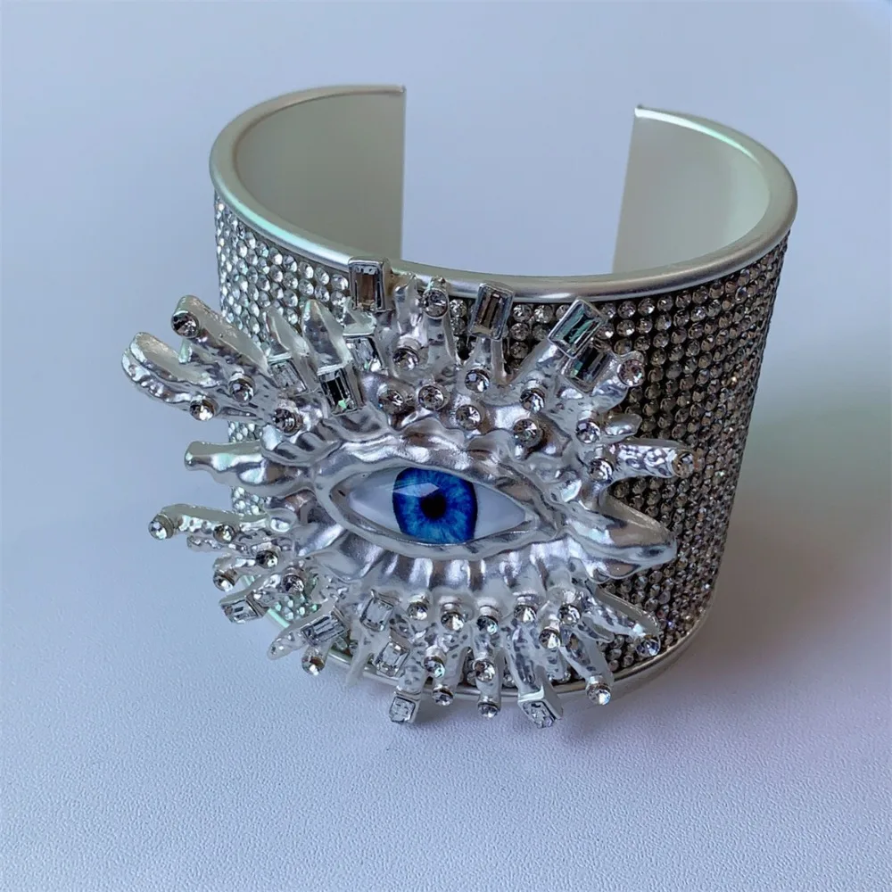 

Metal Exaggerated Wide Open Bangle Alloy Full Rhinestone Demon's Eye Bracelets Punk Europe American Style Geometric Cuff Bangles