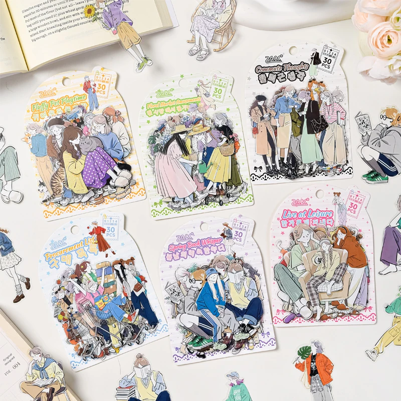 6 Styles de Stickers Décoratifs Thème Personnages Série Vie de Loisirs en PET pour DIY Journal, Scrapbooking, Agenda, Coque de Téléphone et Collages