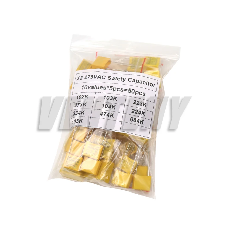 50pcs/Lot Polypropylene Film X2 Safety Capacitor Assorted Kit 275VAC 10Values Each 5pcs 1NF - 1UF