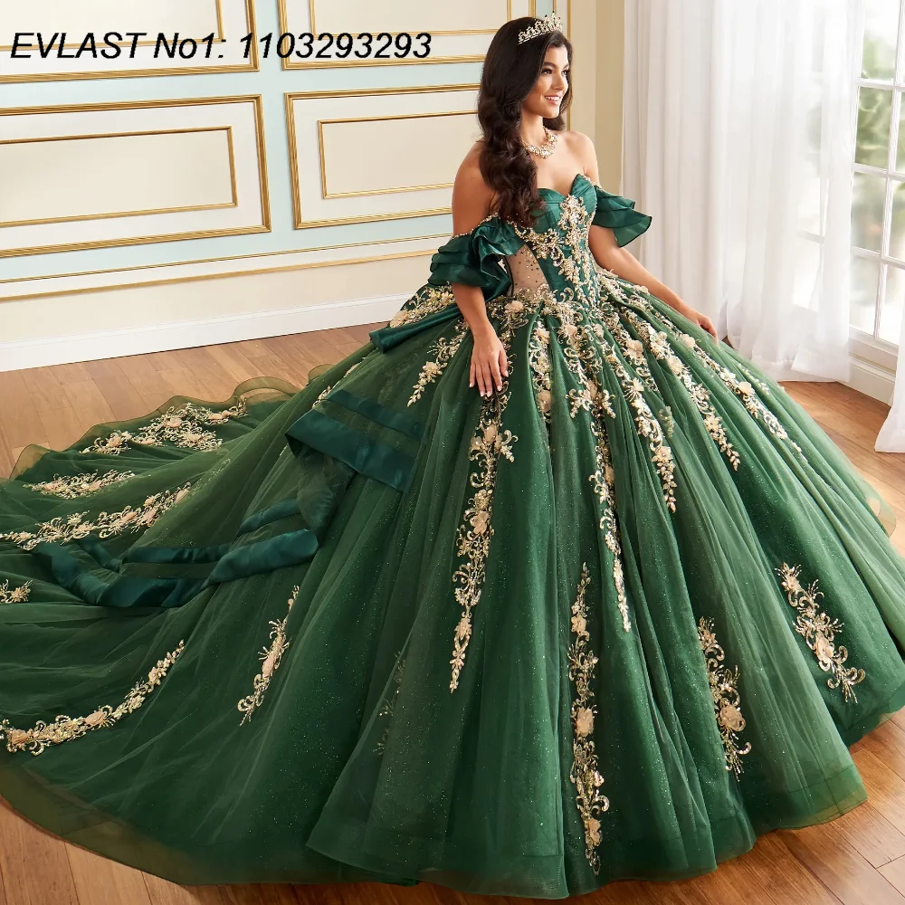 

EVLAST Customized Mexican Emerald Green Quinceanera Dress Ball Gown Gold Lace Applique Beading Sweet 16 Vestido De 15 Anos E1Q81