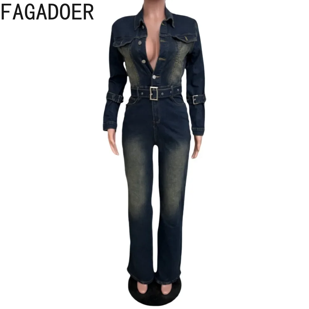 FAGADOER Retro Navy Blue Denim Jumpsuits Women Fashion Tie-dyed Long Sleeve Buttons One Piece Overalls Autumn Jean Playsuits