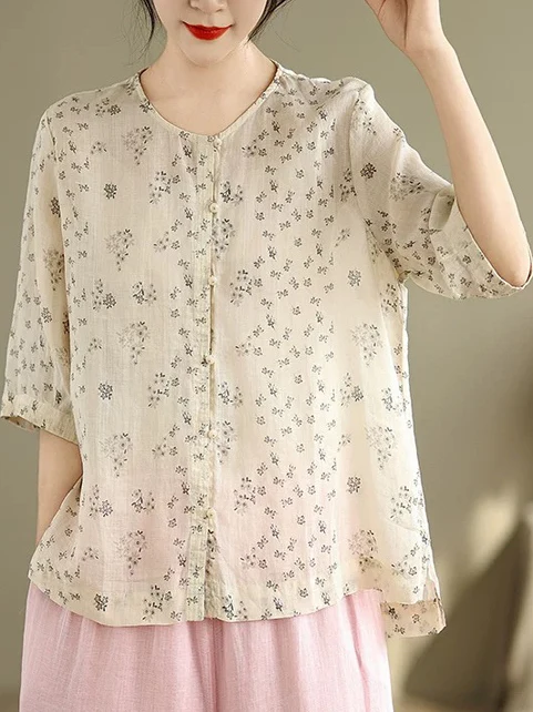 Cardigan F de Verão em Aodão e Linho com Gola Redonda e Manga Curta, Estampa Floral, Ajuste Solto, Manga Regular, Ma...