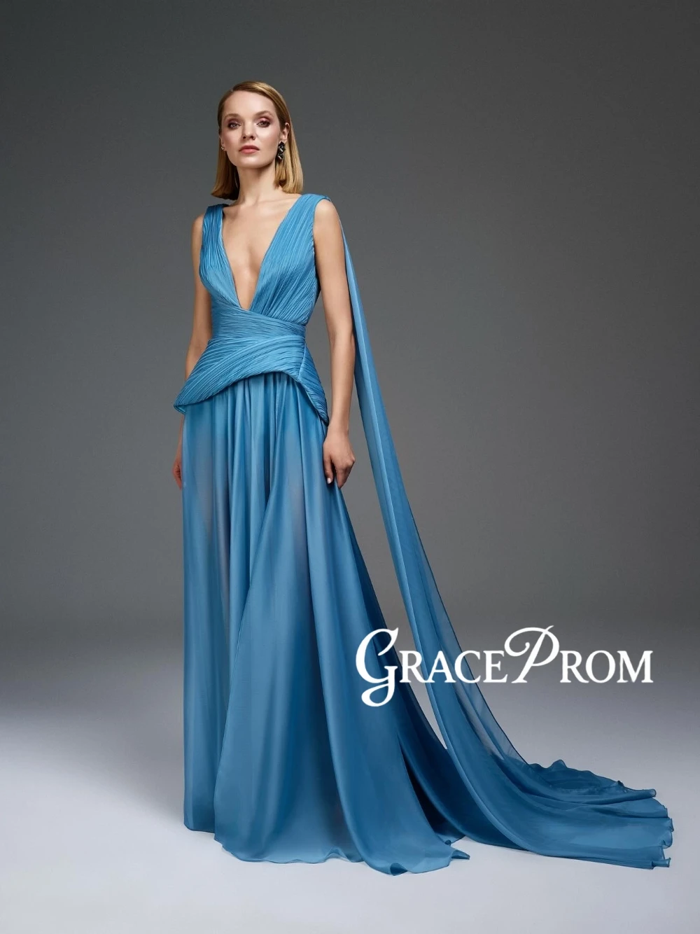 

Blue Stylish Chiffon A Line Evening Gown Sexy Deep V Neckline Flowy Long Cape Customized Chic Gorgeous Ruched Prom Gown