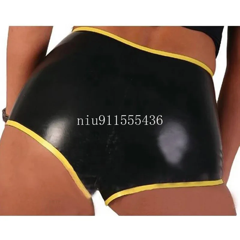 

Latex Rubber Tight Shorts Fetish Women Underwear Panties Briefs Yellow with Black Custom Made (No Zip)