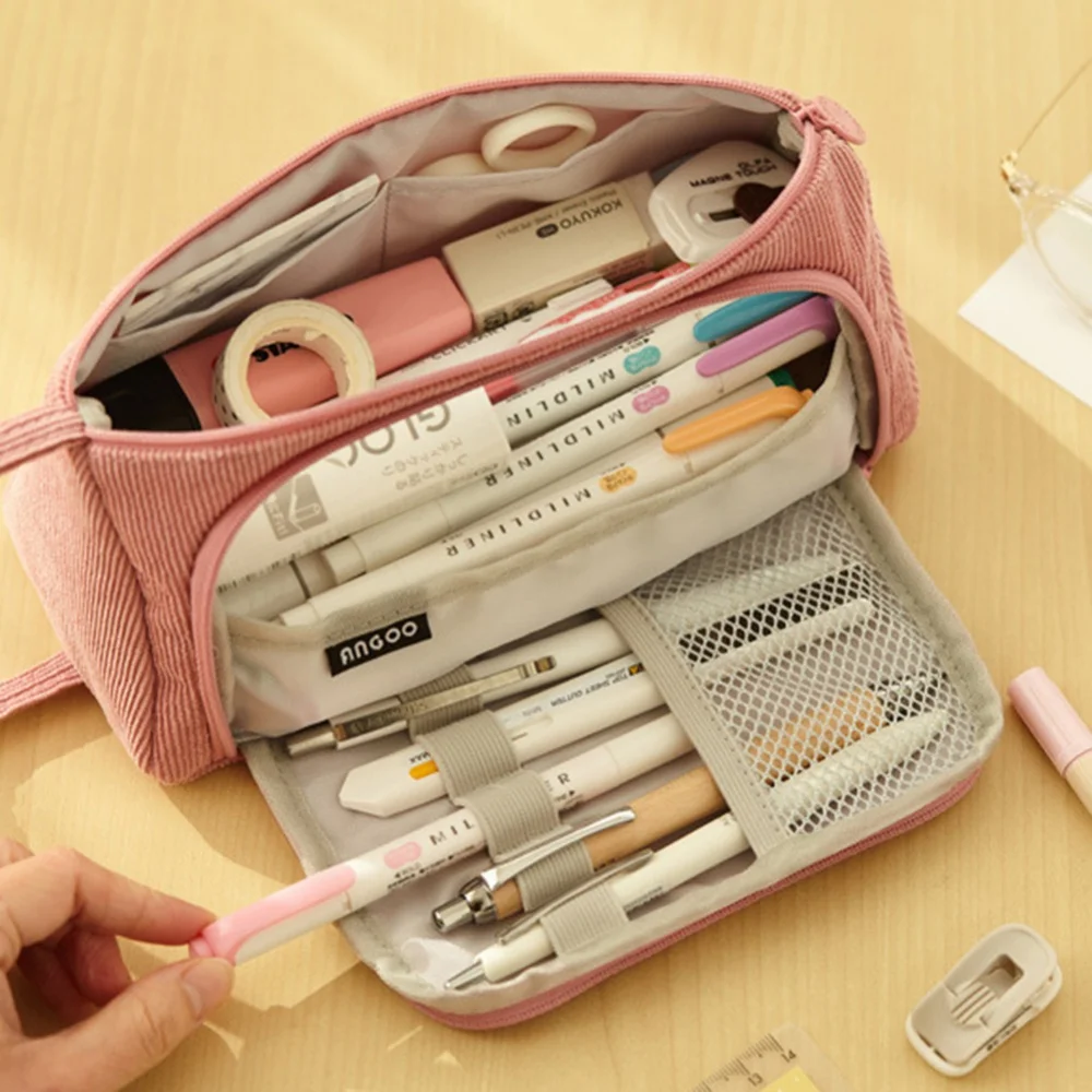 Corduroy Stationary Pen Storage Bag Pen Pencil Bag Zipper School Pencil Case Multi Layer Large Capacity Cosmetic Travel Handbag