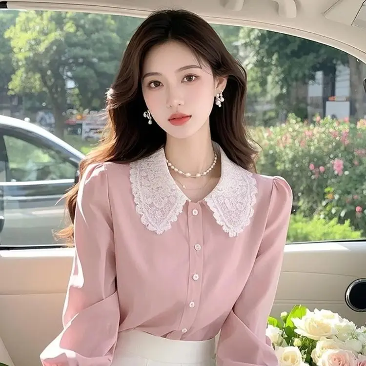 

Long Sleeve Shirts Women Chiffon Button Down Blouses Turn Collar Pleated Hem Lantern Sleeves Slim Fit Preppy Feminine Retro