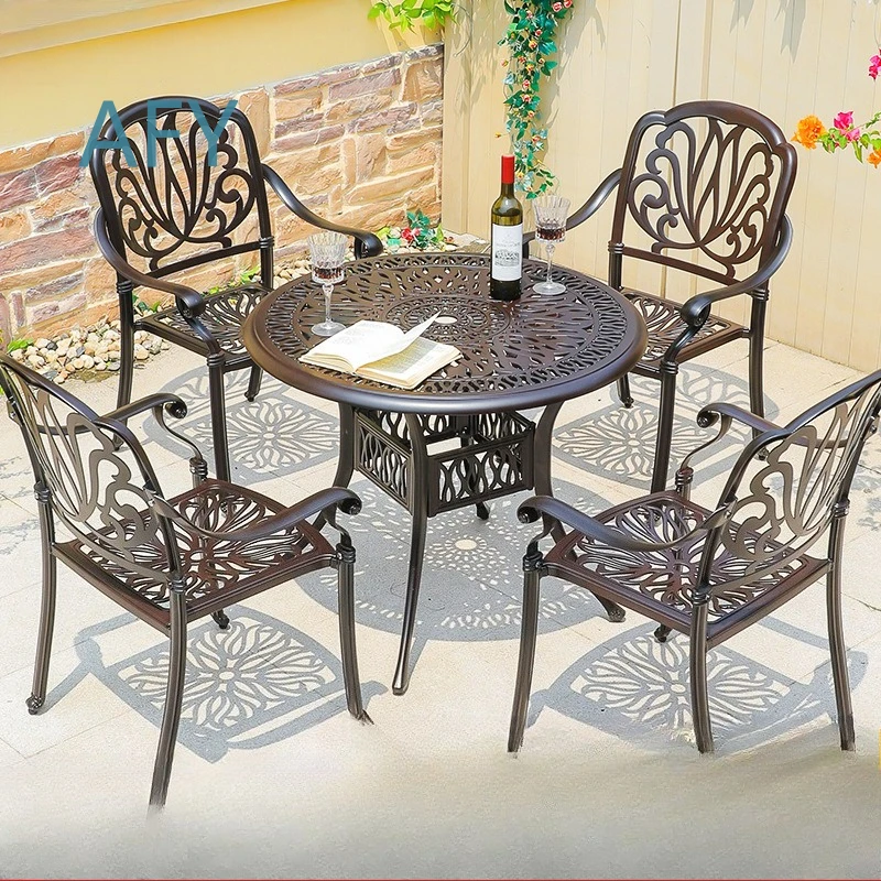 Outdoor Cast Aluminum Dining Tables and Chairs Set for Courtyard Garden Villa Patio Commercial Street Project Modern