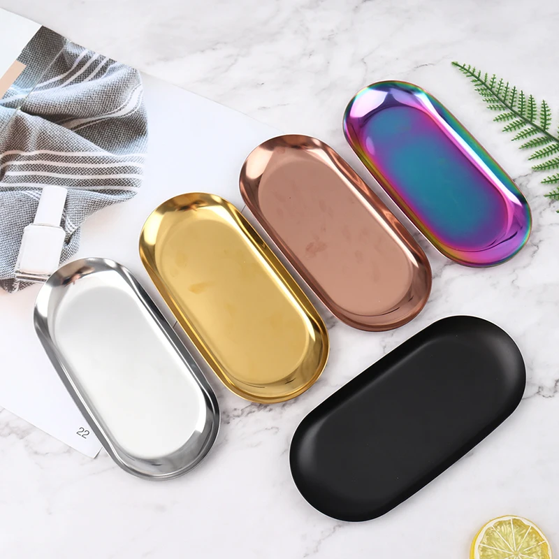 Stainless Steel European Jewelry Storage Tray Metal Cosmetic Storage Oval Cake Fruit Dessert Tray Snack Plate Kitchen Organizer