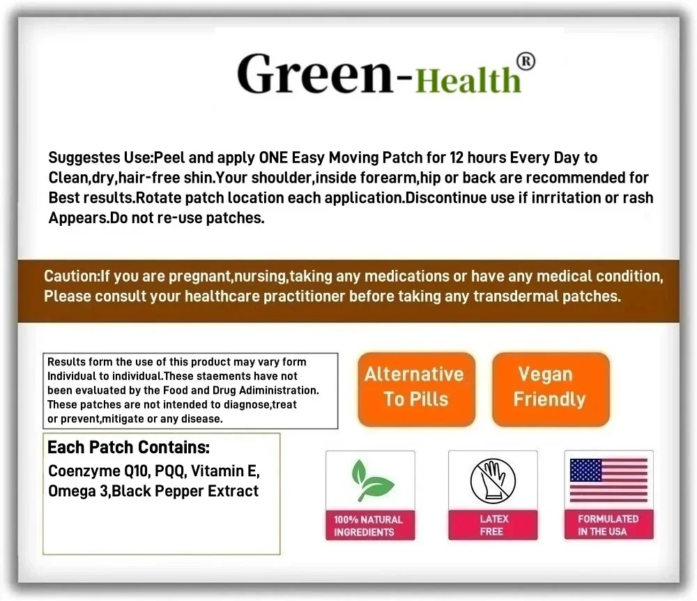 30 Patches CoQ10 Transdermal Patches Plus PQQ, Omega 3, and Vitamin E, for Heart and Cellular Energy