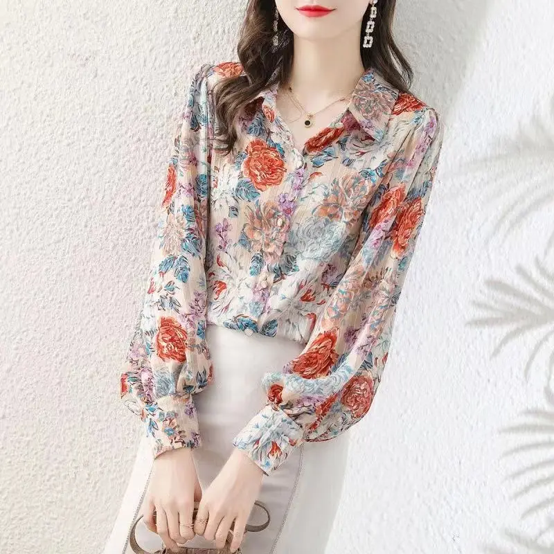 Women Floral Print Vintage Chic Button Up Shirt Korean Fashion Streetwear Loose Blouse Casual Lantern Long Sleeve All Match Tops