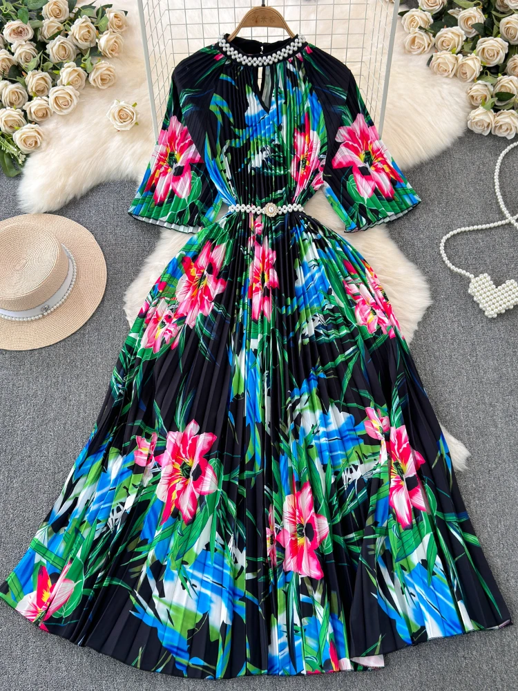 Women Vintage Floral Pleated Dress Spring Summer Stand Collar A-line Print Dresses Ladies Elegant Slim Evening Party Long Robe