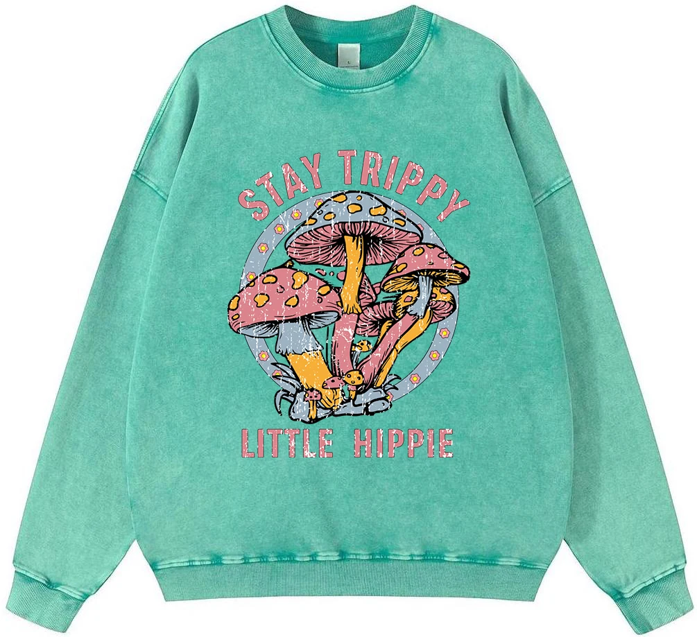 Stay Trippy Little Hippie Mushroom Man Vintage Washed Cotton Sweatshirt Harajuku Fur-Liner Pullover Fashion Hoodies Tops