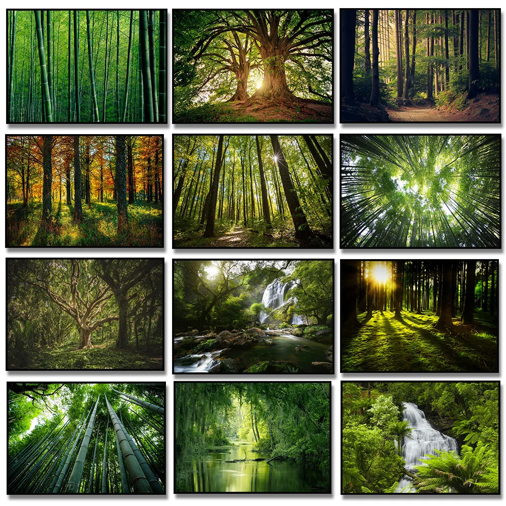 1pc frameless Nature Scenery Green Trees Forest Bamboo Waterfall Landscape Canvas Painting Poster Print Wall Art for Living Room