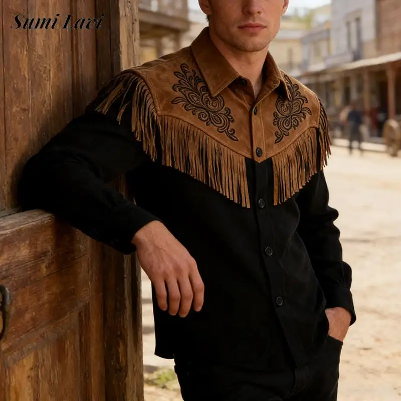

2026 Spring New Casual Mens Suede Cardigan Tops Vintage Tassel Design Buttoned Lapel Shirts Men Stylish Long Sleeve Shirt