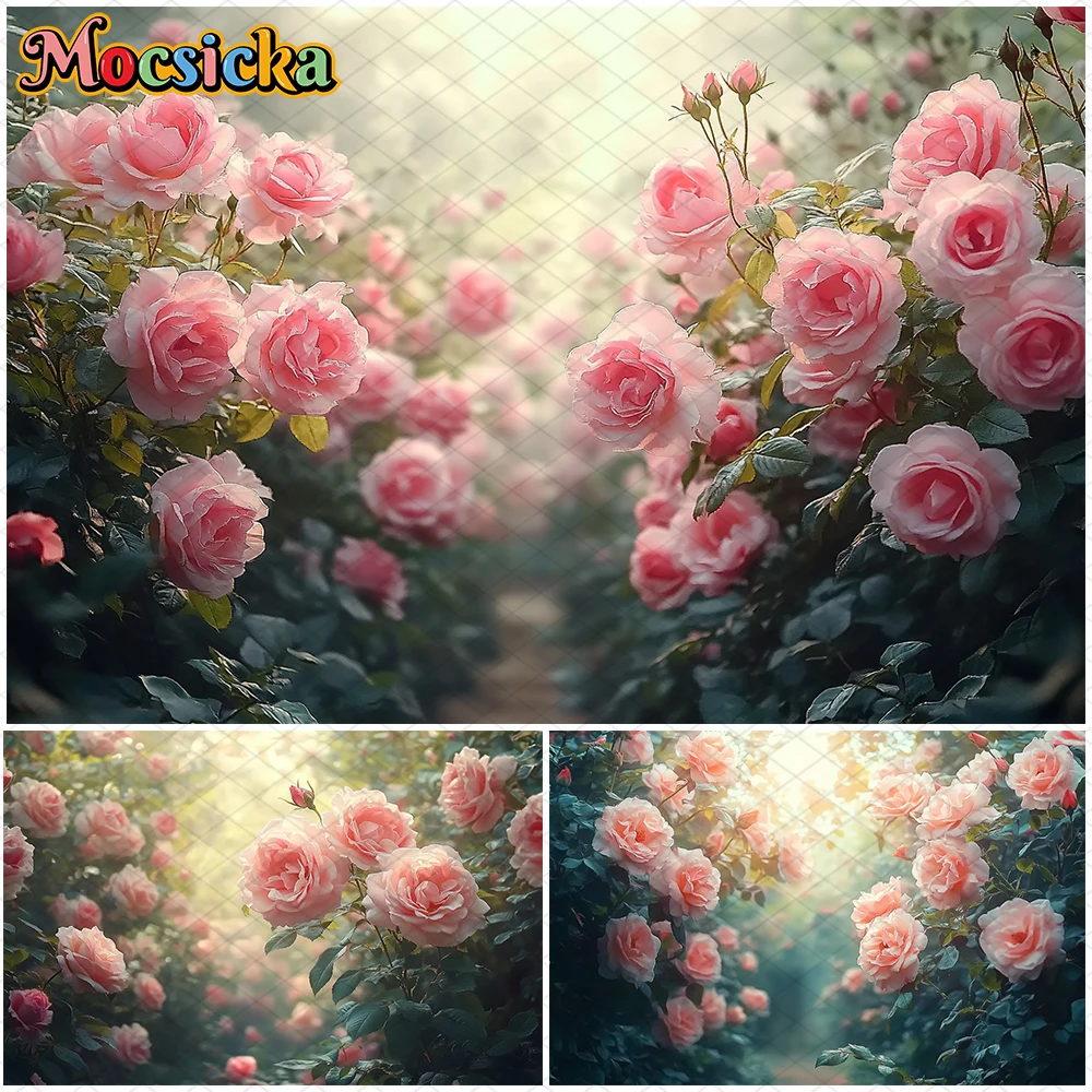 

Mocsicka Pink Rose Photography Backdrop Flower Valentine's Day Decoration Girls Princesses Women Photo Background Wedding Banner