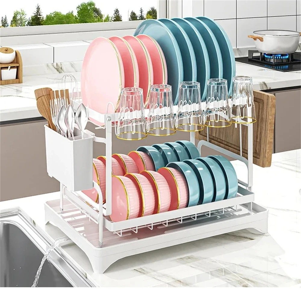 

Kitchen Dish Drying Rack 2-Tier Dish drying Rack Anti-rust Countertop Tableware Storage Rack With Drain Pipe Kitchen Organizer