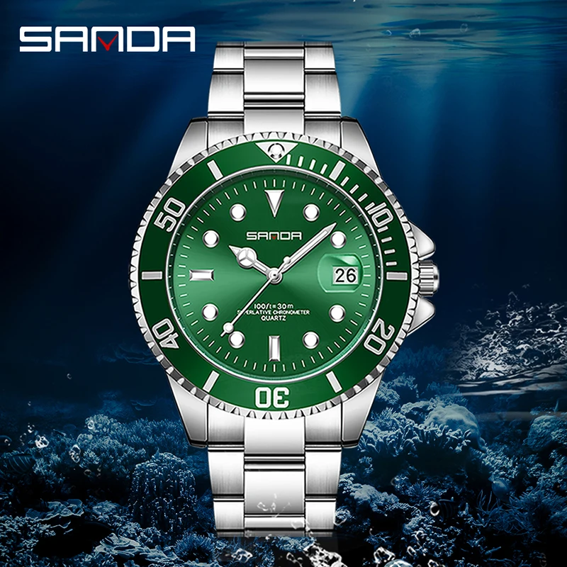 Fashion Sanda Top Brand Trend Men Full Stainless Steel Quartz Simple Calendar Display Luminous Waterproof Business Watch