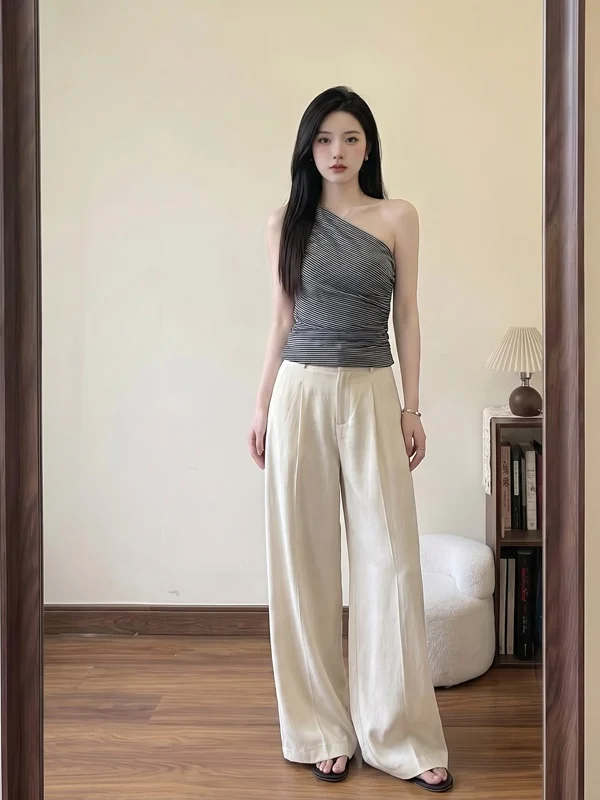 

Summer Women's High Waist Wide Leg Pants Draped Loose Straight Casual Trousers Korean Style Polyester Fiber Straight Cut