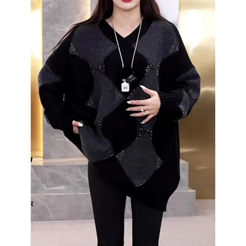 Ironing Diamond Tops Fashionable Pullover Knit Sweater Autumn and Winter New Bat-shaped Mid-length V-neck Elegant Versatile Top