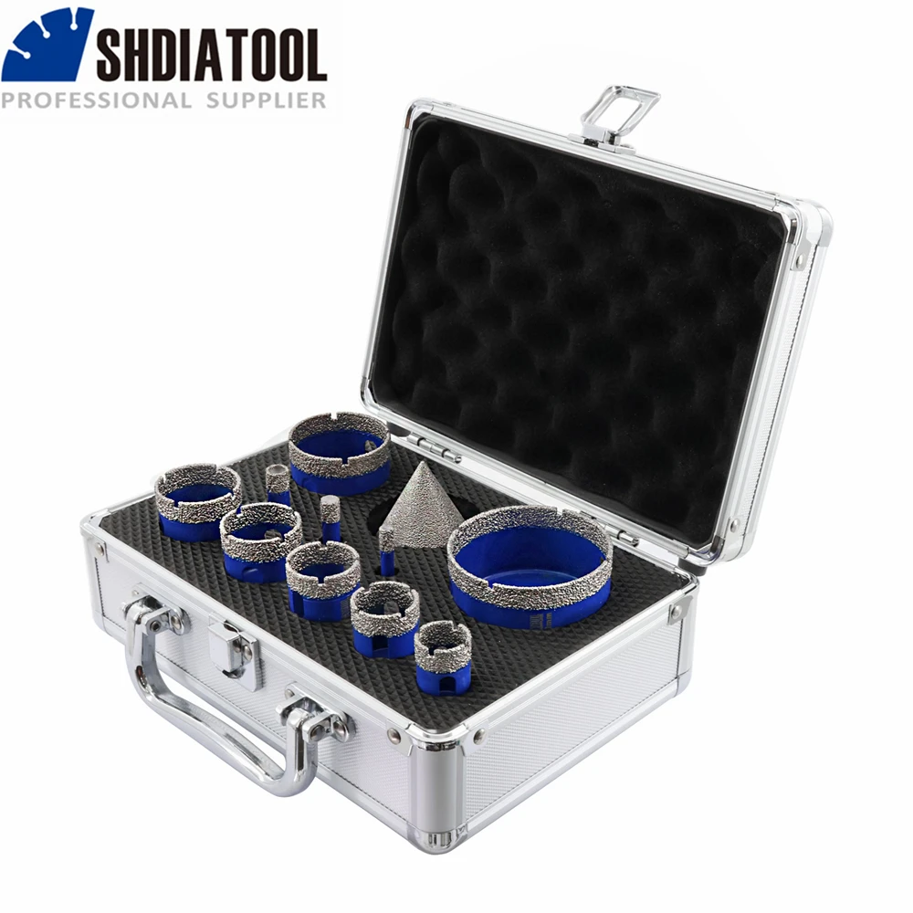 SHDIATOOL 11pcs Diamond Drill Bits Kit 6/8/10/20/25/28/32/35/45/65mm Triangle Shank Hole Saw+50mm Diamond Chamfer Tool Set