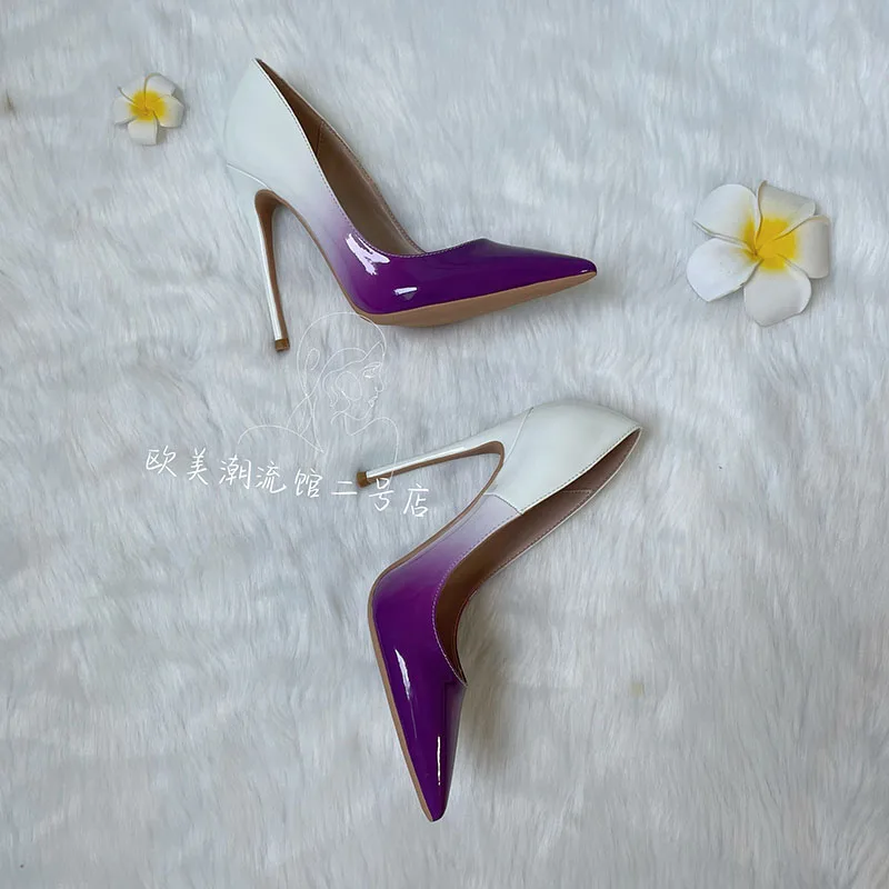 Brand Designer TOMONYE Purple Change Into White Gradient Shiny Patent Leather Elegant 2023 New Style High Heel Shoes Plus size46