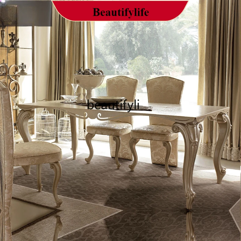 Q132 European-Style Wood Carved Dining Table and Chair Light Luxury French Rectangular Dining Tables and Chairs Set Villa Furnit