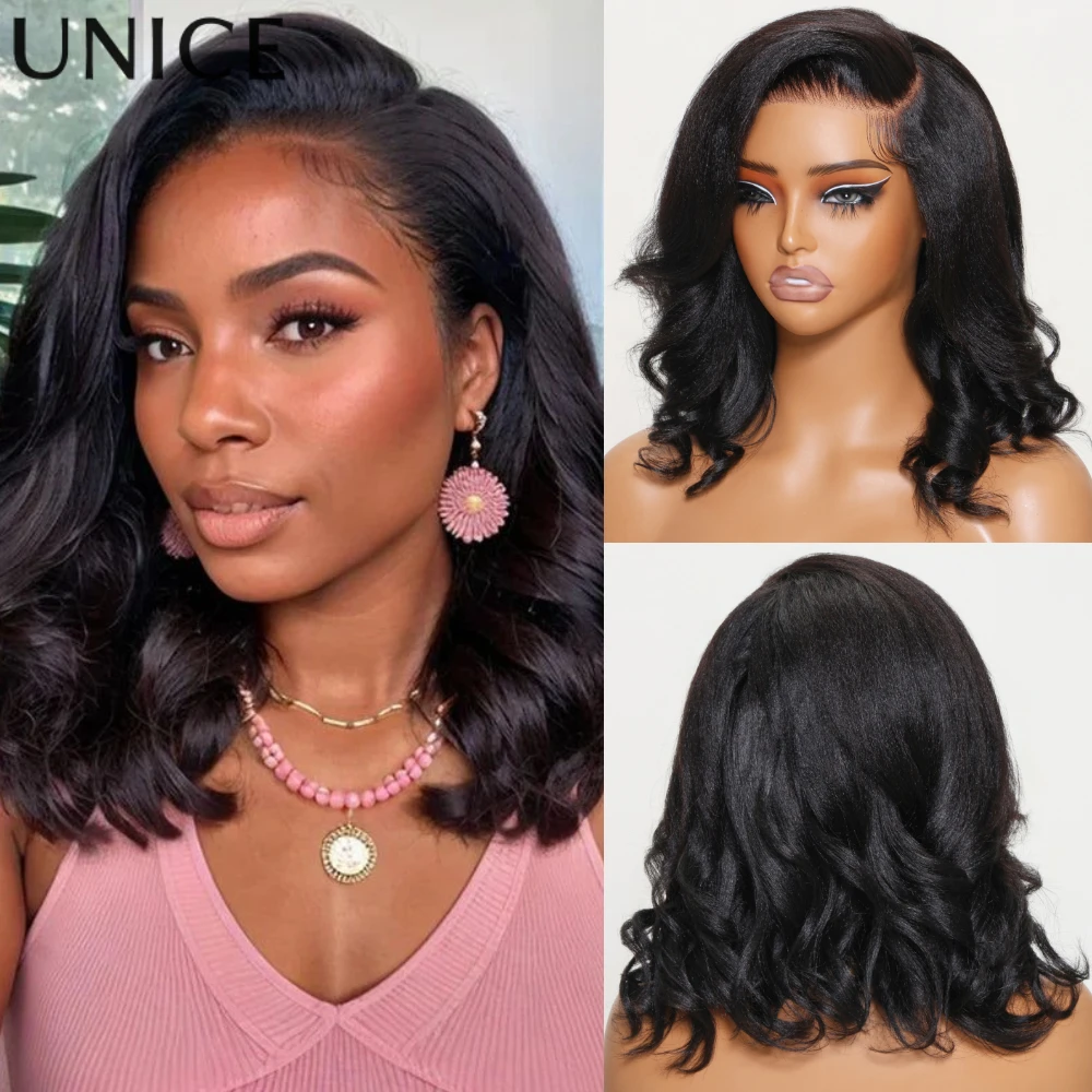 

UNICE Hair Yaki Loose Wave Bob Wig With Baby Hair Drawstring 13x4 Human Hair Lace Frontal Wig Pre Cut Pre Bleached Glueless Wig