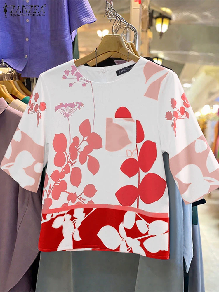 

ZANZEA, модная женская блузка, лето 2021, туника, топы, винтажные рубашки с принтом, повседневные свободные блузки с рукавами 3/4, женские большие размеры
